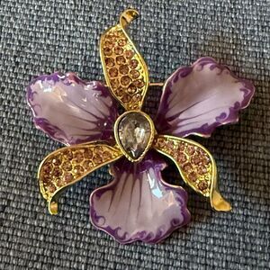 Anne Klein Signed Gold Tone, Crystal & Enameled Orchid Brooch.